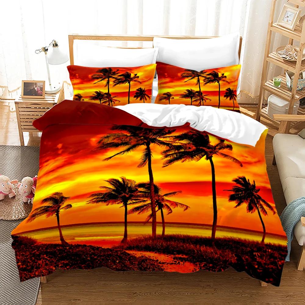 Beach Setting Sun Duvet Cover Set Tropical Island With The Palm Tree And Sea Beach Nature Theme Queen Size Quilt Cover