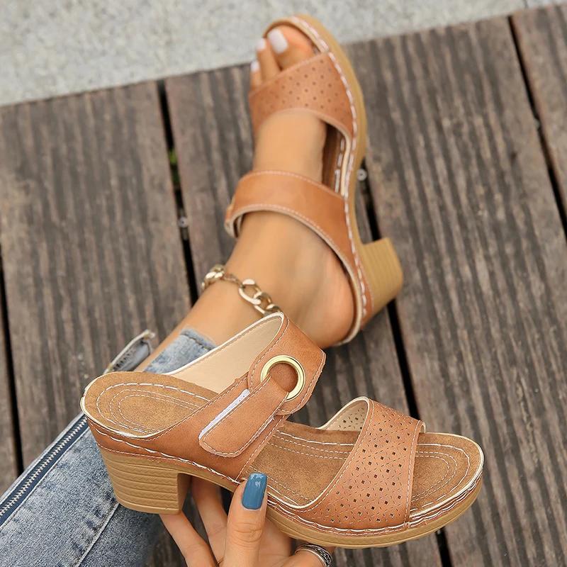 Модные сандалии на толстом высоком каблуке с застежкой-липучкой, женские, с вырезами, летние, пляжные, женские, больших размеров, противоскользящие, на платформе, сандалии для женщин