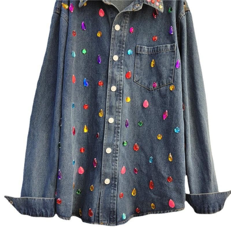 European Station Spring New Heavy Industry Diamond Loose Denim Shirt Women's Design Versatile Single-breasted Shirt