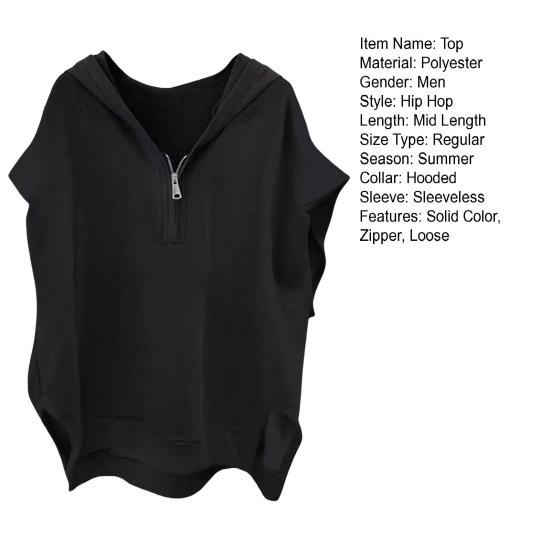 Мужской топ в стиле хип-хоп, свободный однотонный пуловер без рукавов с капюшоном на молнии, уличная одежда, клубная вечеринка, уличный хиппи