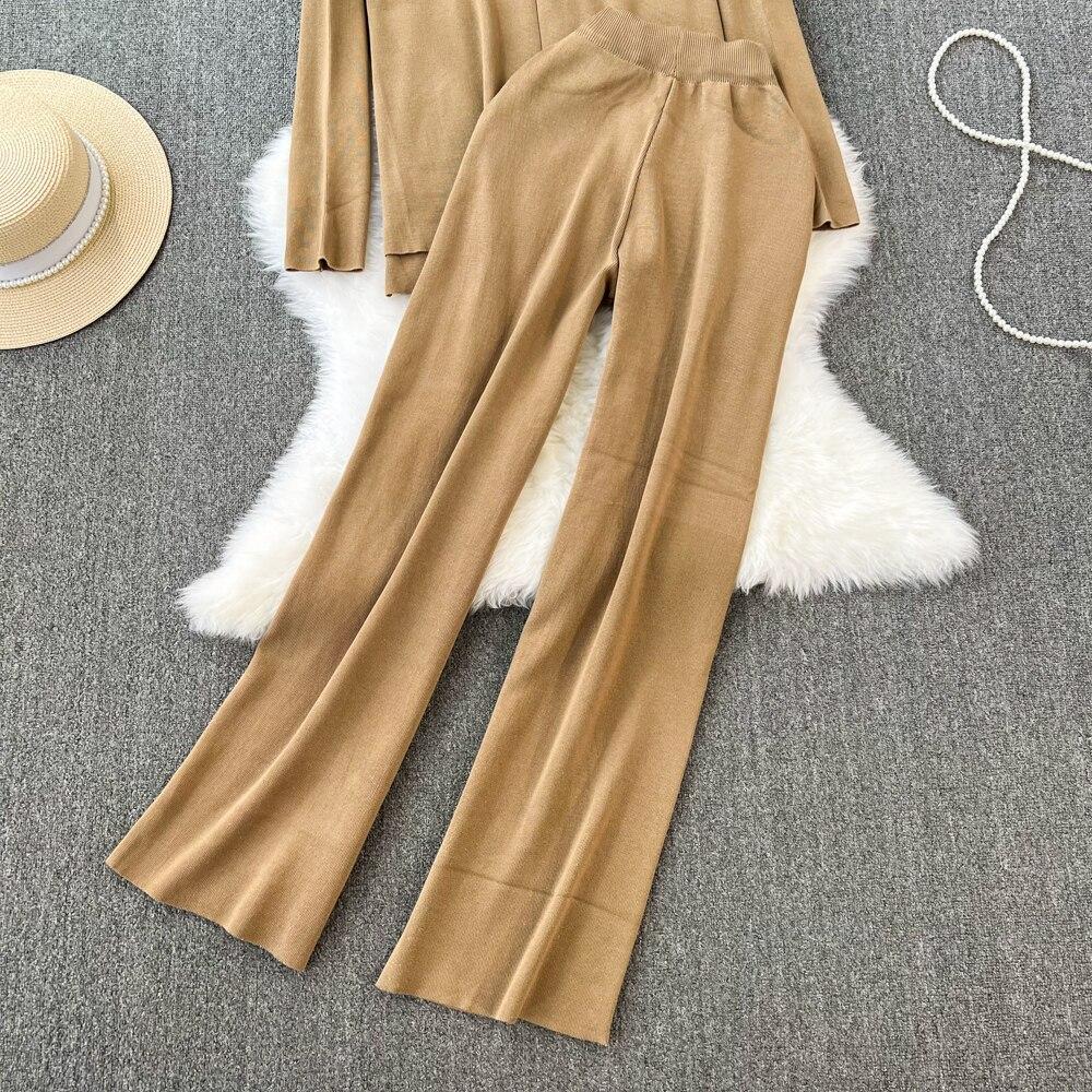 Fashion Collar Loose Long-sleeved Irregular Knit Tops High Waist Thin Straight Pants Two-piece Set