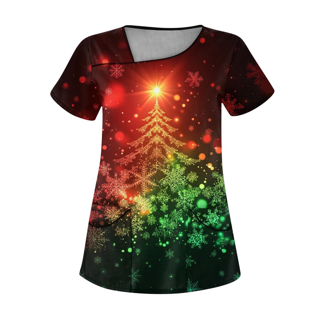 Женская рабочая одежда с рождественским принтом, покатый воротник и двухслойные карманы, базовый пуловер сверху