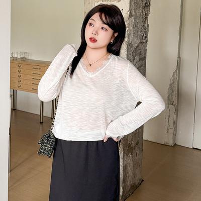 Женский тонкий топ с длинными рукавами, женский кружевной базовый слой с V-образным вырезом, летний вязаный свитер