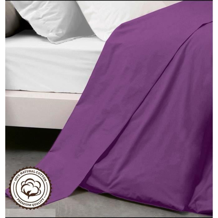 Drap Plat - Violet - 240x300 cm - 100% Coton - 2 Personnes - Lavable en machine
