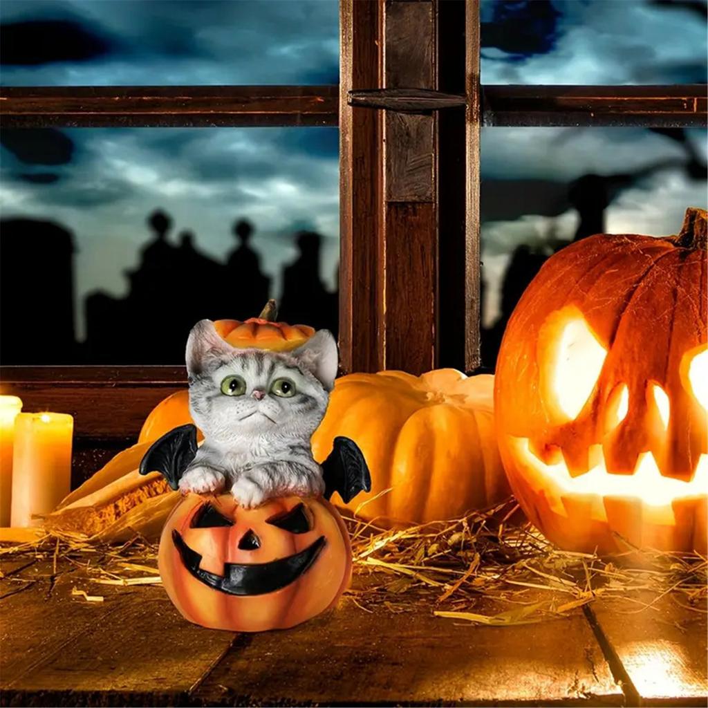 Halloween Pumpkin Decorations Resin Pumpkin Figurines with Cat Table Centerpieces for Outdoor Indoor Fairy Garden Decors