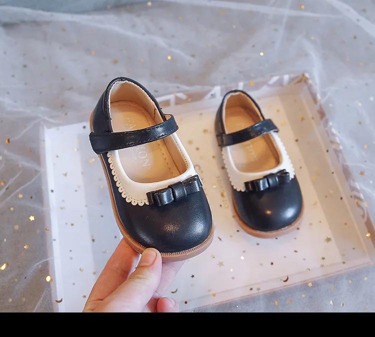 Girls' PU Shoes 2024 Spring Kids New Black Cute Bow Children's Solid Color Loafer Beige Size 21-30