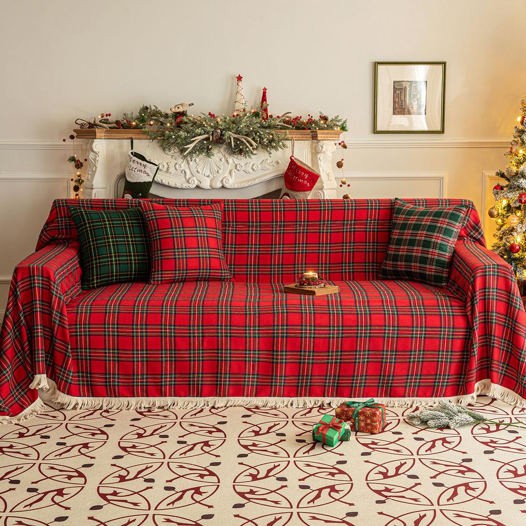 Christmas Plaid Couch Cover with Tassel Washable Sofa Covers Couch Furniture Protector Seat Slipcover Sofa Towel for Living Room