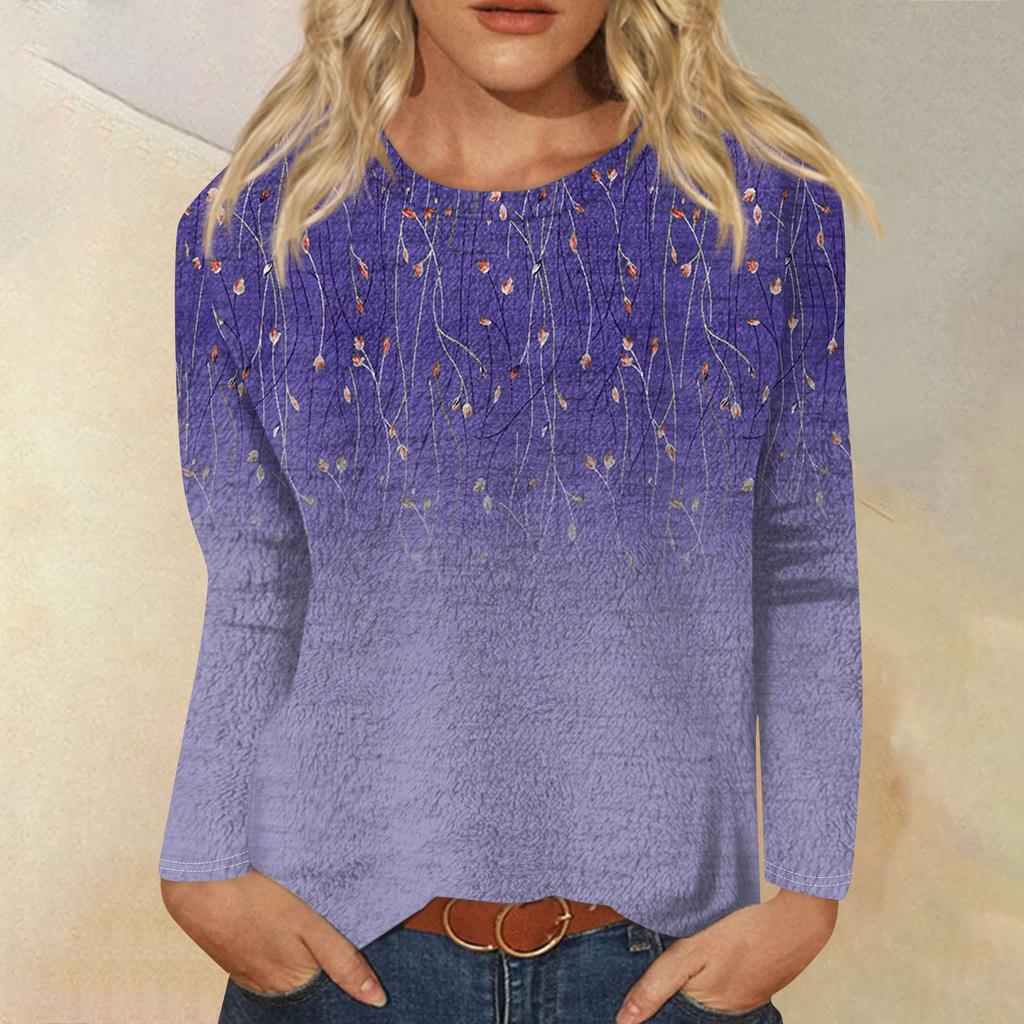 Женская модная повседневная фланелевая футболка с длинным рукавом и круглым вырезом с принтом