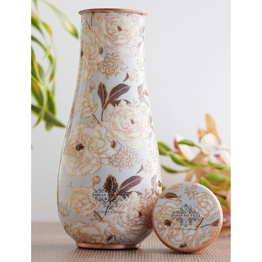 Gold Flower Print Bedroom Bottle – Designer Copper Drinkware, Elegant Copper Water Bottle for Everyday Use, Volume- 1500 ML