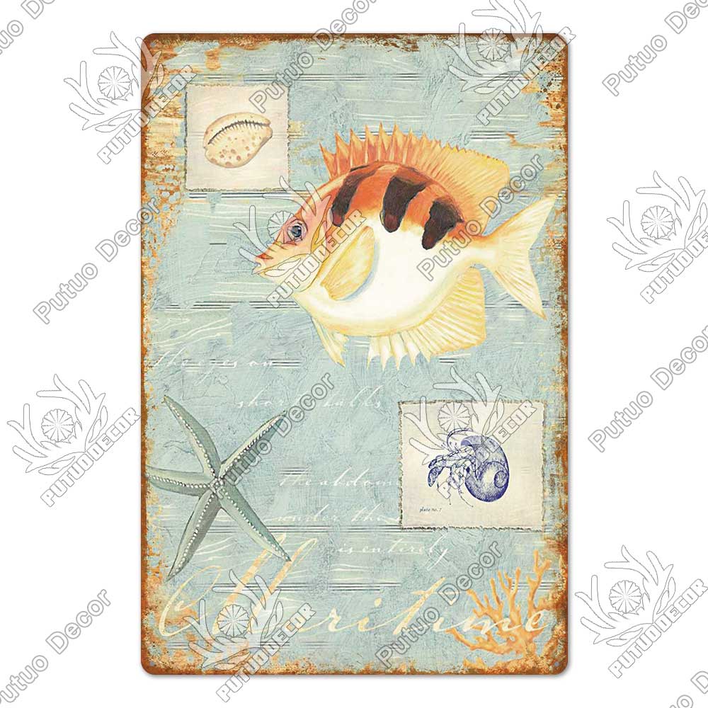 Putuo Decor Морские животные Жестяная табличка Винтажная Плакетка Металлическая Настенная Ретро Постеры для Пляжного Бара Дома Декоративное Искусство Жестяная Живопись