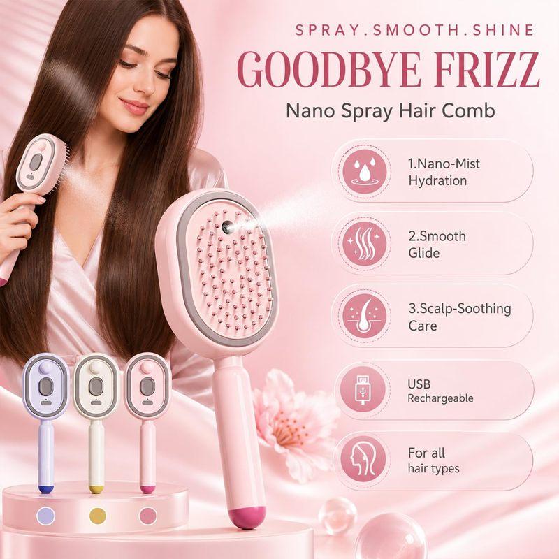 Electric Air Cushion Massage Spray Comb, Hair Brush With Water Spray, Self-Cleaning Anti-Tangle Anti-Static For Frizzy Hair