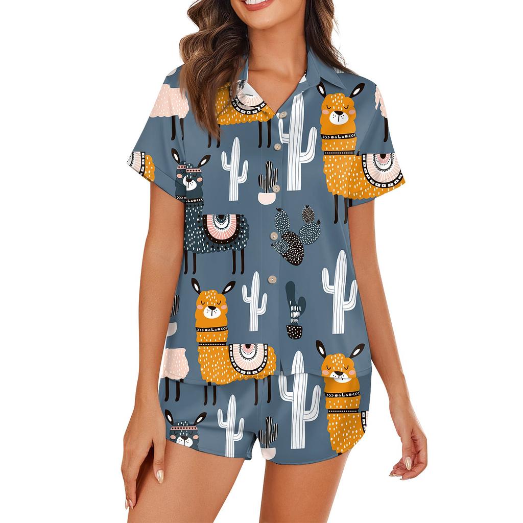 Женская шелковая пижама с пуговицами, домашняя одежда, принт со звездами, короткий рукав, атласный пижамный комплект из 2 предметов