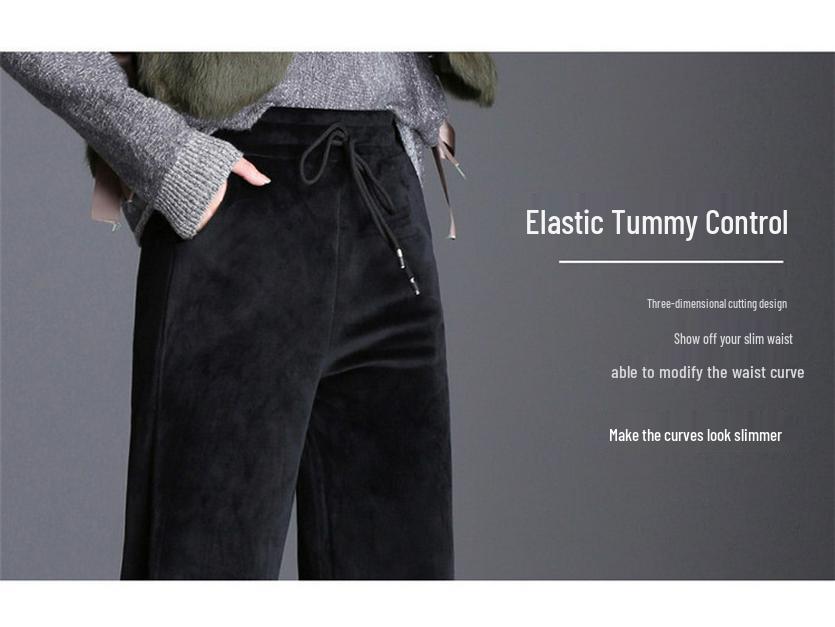 2023 Женские брюки больших размеров с высокой талией и широкими штанинами из золотого бархата на флисовой подкладке - Коллекция Осень/Зима