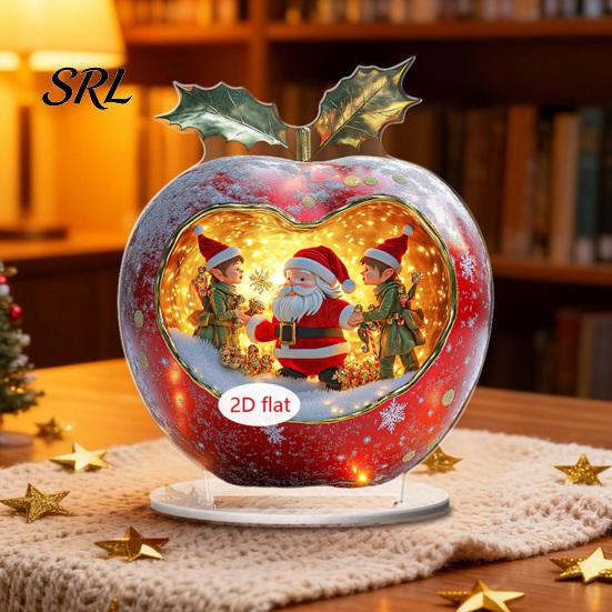 Christmas Tabletop Centerpieces Apple Lollipop 2D Acrylic Figurine, Ornament with Santa Snow Gift for Friends Scene Inside, Decor Mantel Shelf Window