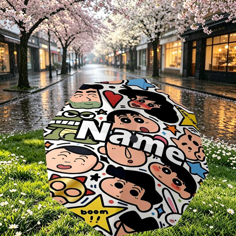 Custom Name Personalized Crayon Shin Print Umbrella, Auto Open Close, 8‑Rib Sturdy Frame, Commute Camping Hiking Use, Birthday Gift