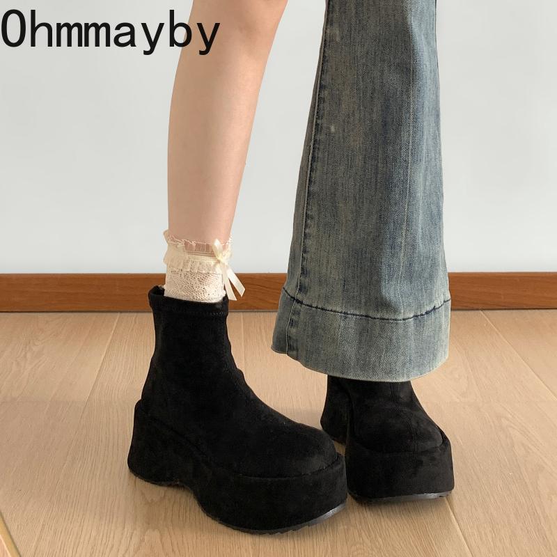 Винтажные женские ботильоны на платформе и толстой подошве, удобные туфли на осень-зиму с круглым носком для платья, короткие ботильоны, увеличивающие рост