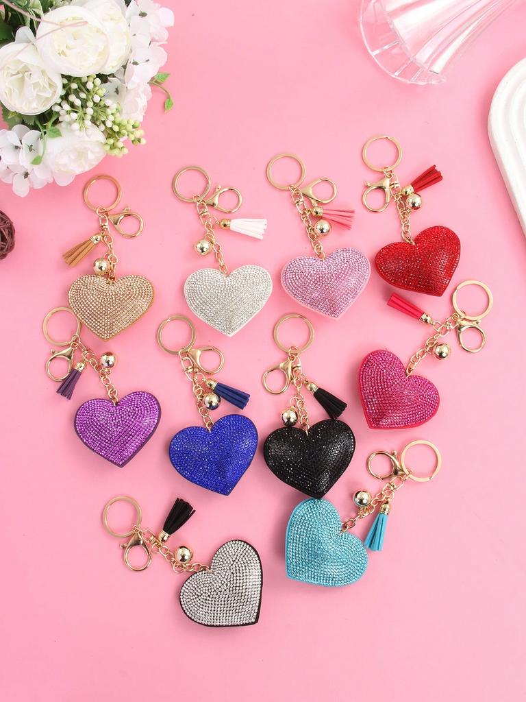 Rhinestone Heart Solid Color Bag Charm Keychain Key Ring Pendant Gift Backpack Wallet Pendant Small Gift Fashion Metal Bag Charm Travel Accessories