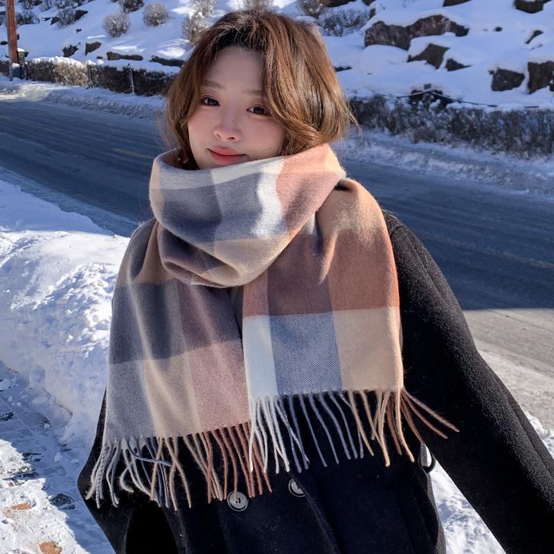 Pink Pure Wool Scarf Women's Winter New Atmosphere Plaid Cashmere Scarf for Girlfriend's Birthday Gift