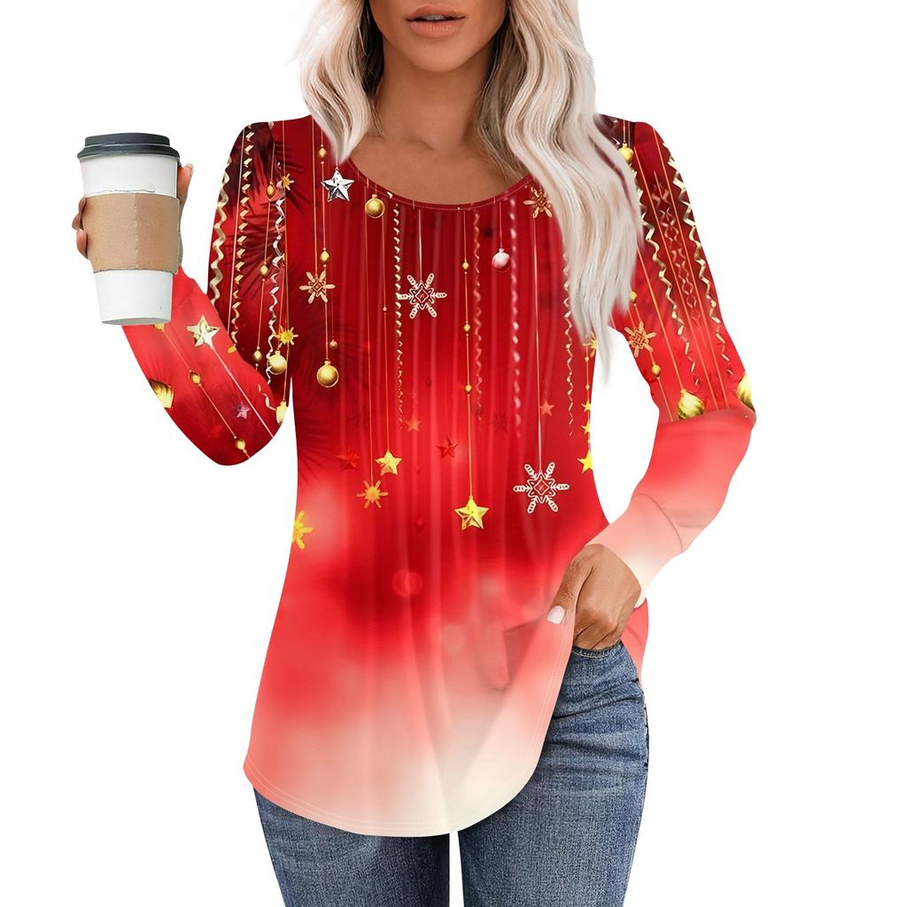 Рубашки с длинным рукавом для женщин, топы, нарядные повседневные блузки с рождественским принтом, плиссированные туники с круглым вырезом
