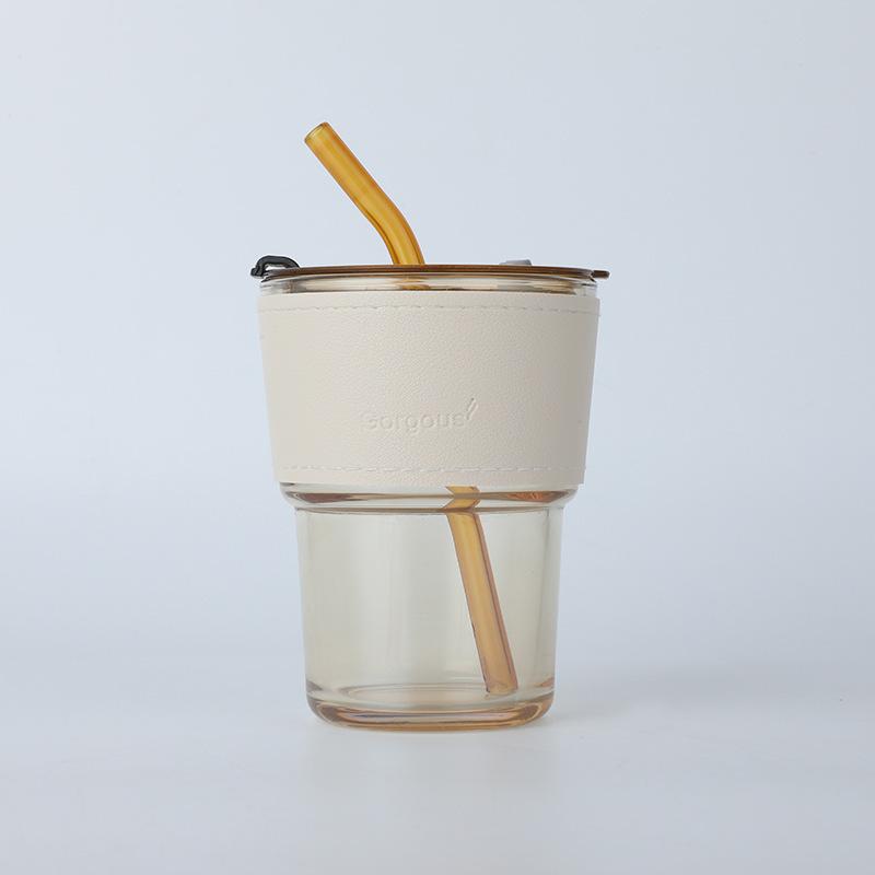 Vertical Pattern Bamboo Cup Glass Transparent Household Striped Water Cup Office Straw Cup with Lid Ins Style Coffee Cup