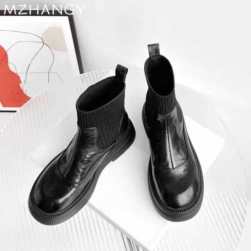 Модные женские кожаные ботильоны элегантные туфли на плоской подошве женские 2025 трендовые зимние теплые платья зимние удобные мотоциклетные ботинки Mujer Botas