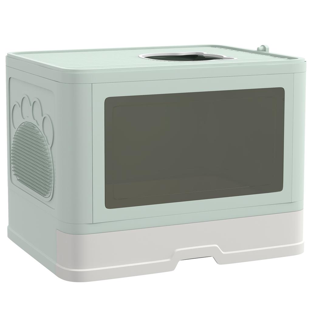 Closed Cat Litter Box with Lid and Double Entrance, Removable Tray, Scoop and Brush, Green