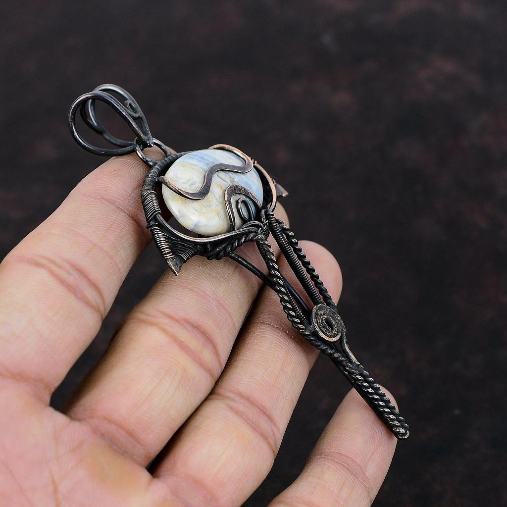 Голубой шеелитовый кулон, обернутый медной проволокой, красивое медное украшение, кулон с настоящим драгоценным камнем, ручная работа, обернутая проволокой, подарок для мамы