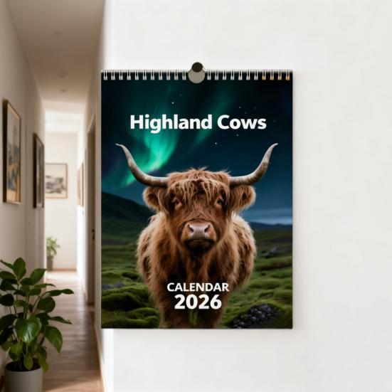 Highland Cow Calendar 2026 Jan 2026 - Dec 2026 12 Month Planner Scottish Wall Art Decor for Home Office