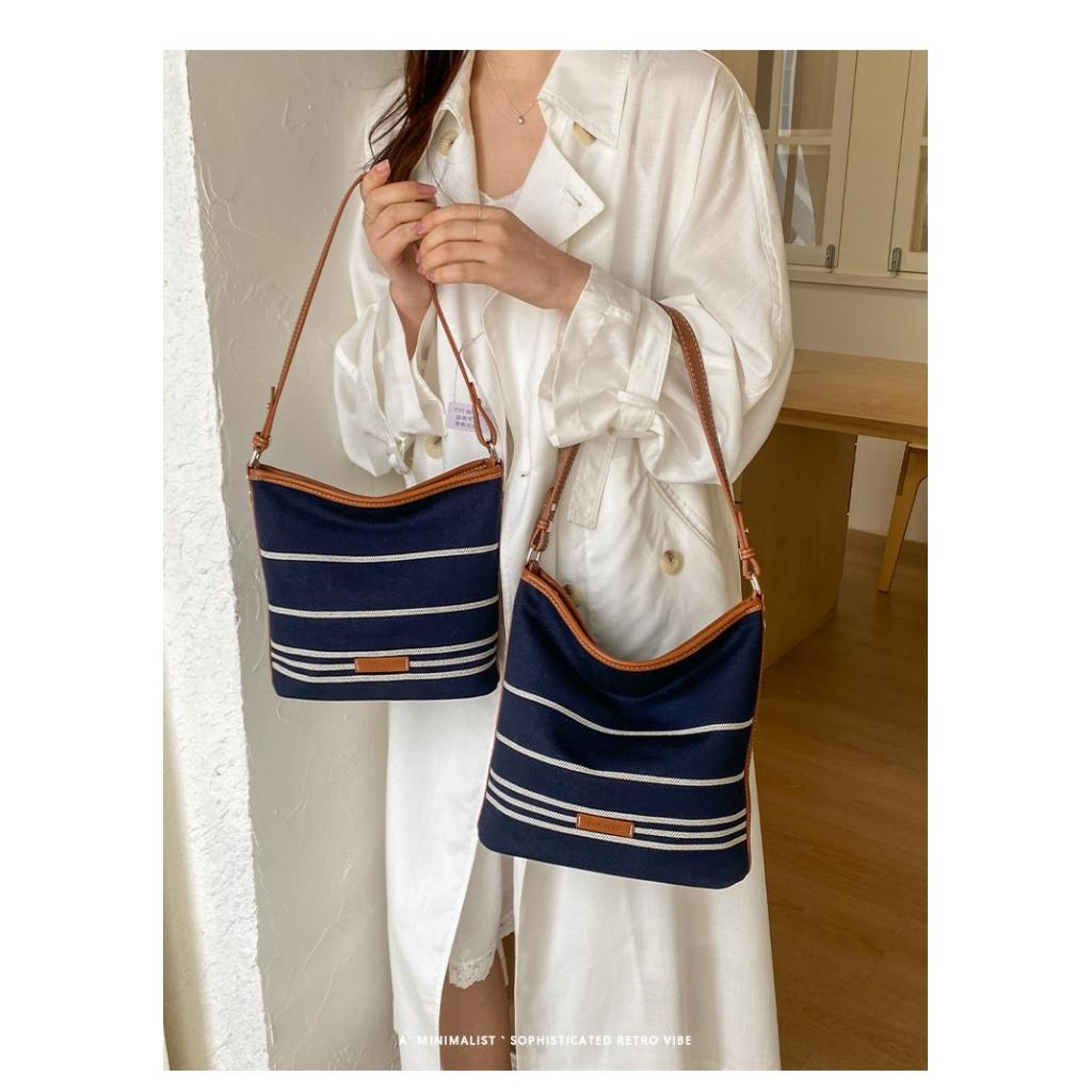 Shoulder Bag Women CanvasStriped Design Adjustable Strap Daily Commute