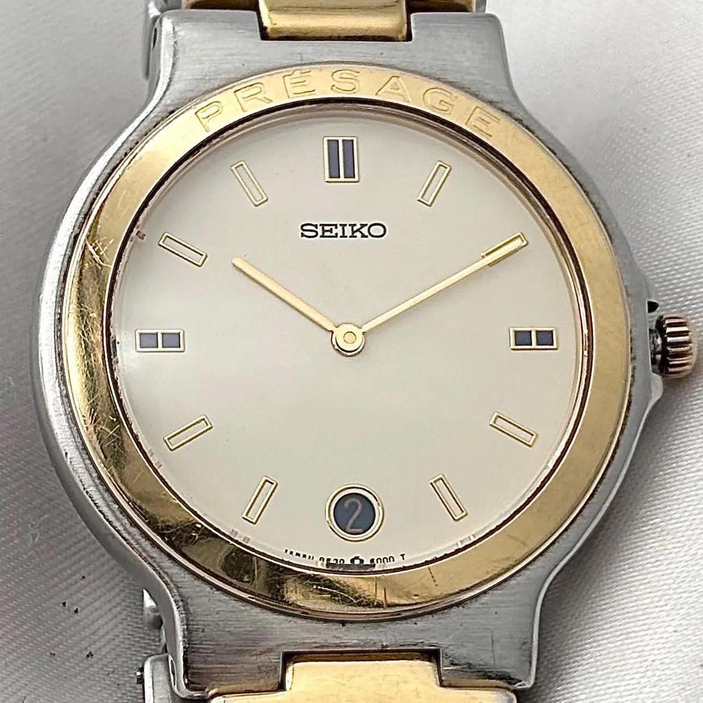 Used Working item SEIKO PRESAGE Men's Quartz Watch 9539-6000 9539-6010 Vintage Bi-color Round Date 0606