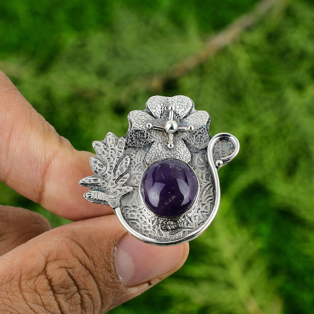Crown Chakra Oval Natural African Amethyst 925 Silver Stackable New Flower Ring
