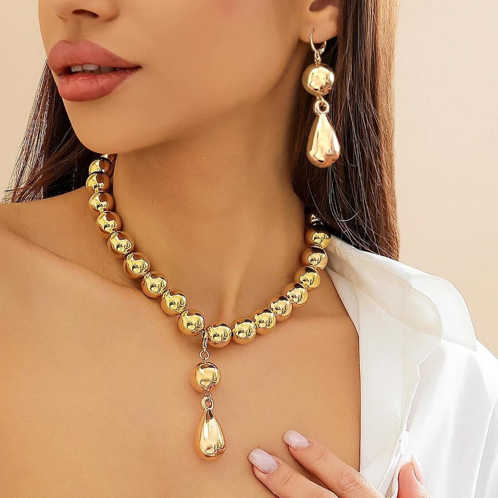 Punk Acrylic CCB Big Ball Bead Chain Necklace Drop Earrings for Women Vintage Chunky Clavicle Chain Grunge Jewelry Set Steampunk