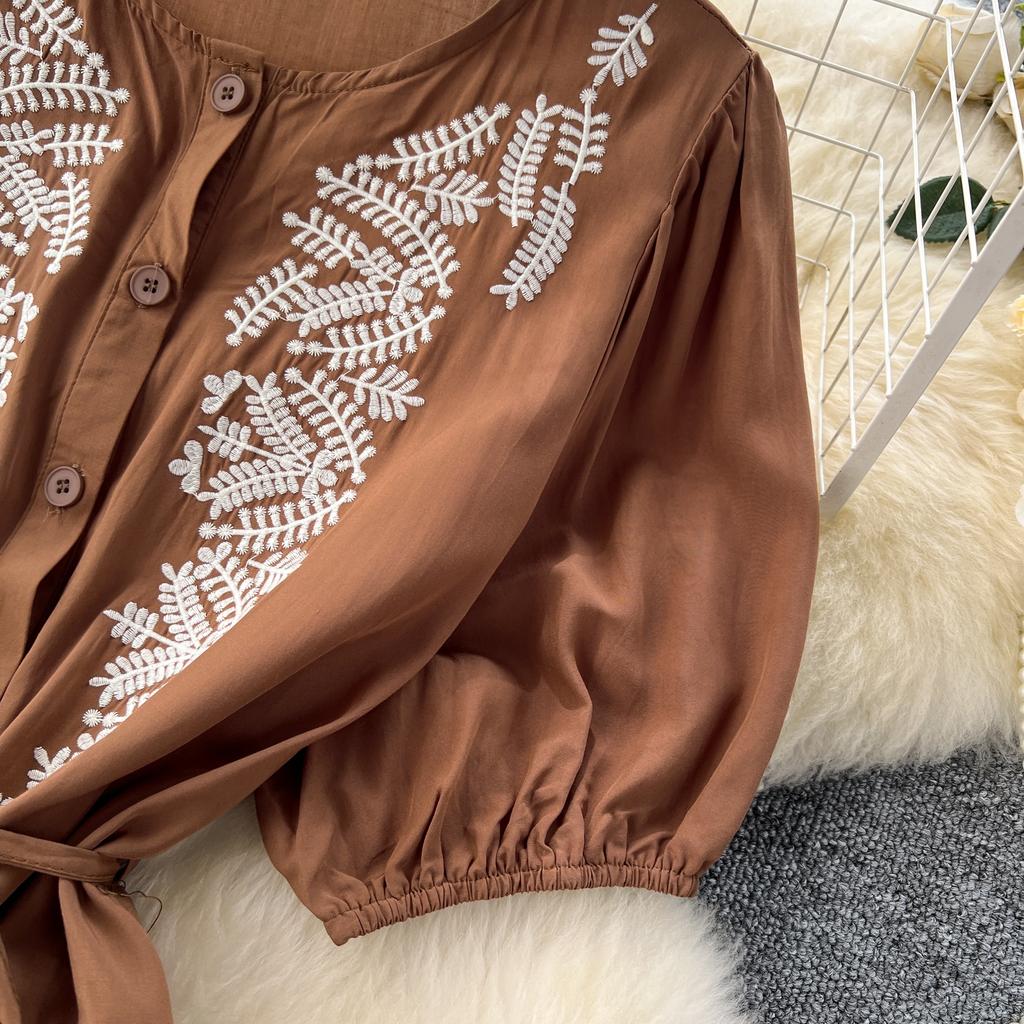 Винтажное платье с круглым вырезом для женщин с рукавами-фонариками, вышитыми шнуровкой, платья А-силуэта, однотонные лоскутные пуговицы, летнее платье