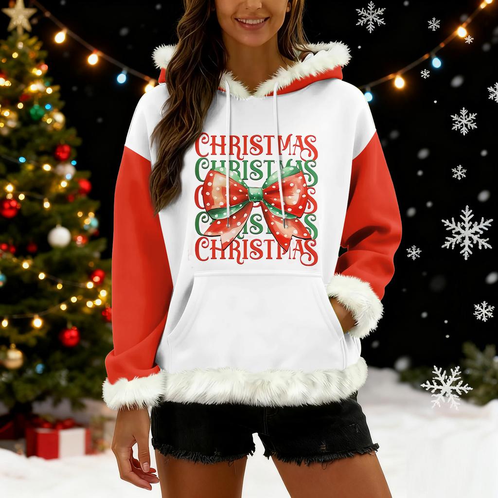 Women's Christmas Print Colorblocked Loose Casual Hoodie