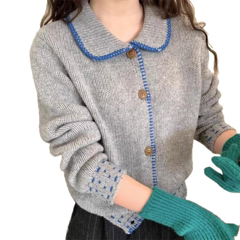 Женский кардиган в корейском милом стиле с цветными блоками - отложной воротник, приталенный, однобортный вязаный свитер на весну/осень