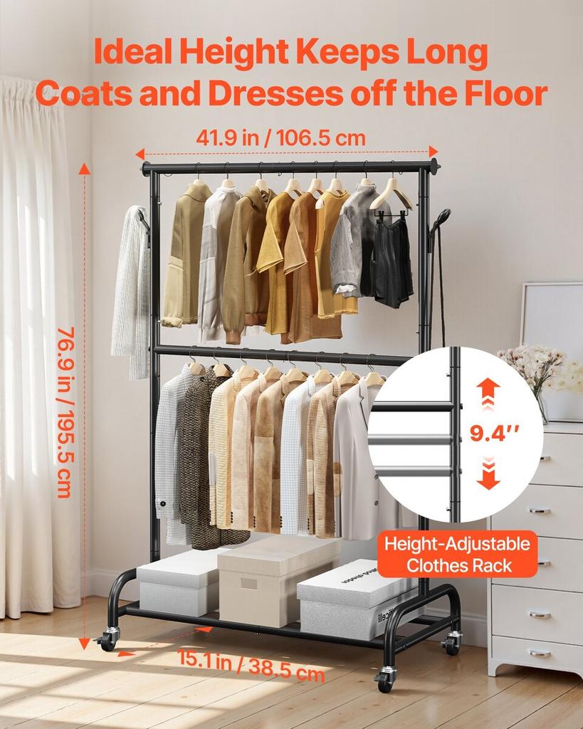 Clothes Rack, Rolling Clothing Garment Rack with Adjustable Crossbar and Side Hooks, 68 kg Load Capacity, Heavy Duty Carbon Steel Clothing Racks with