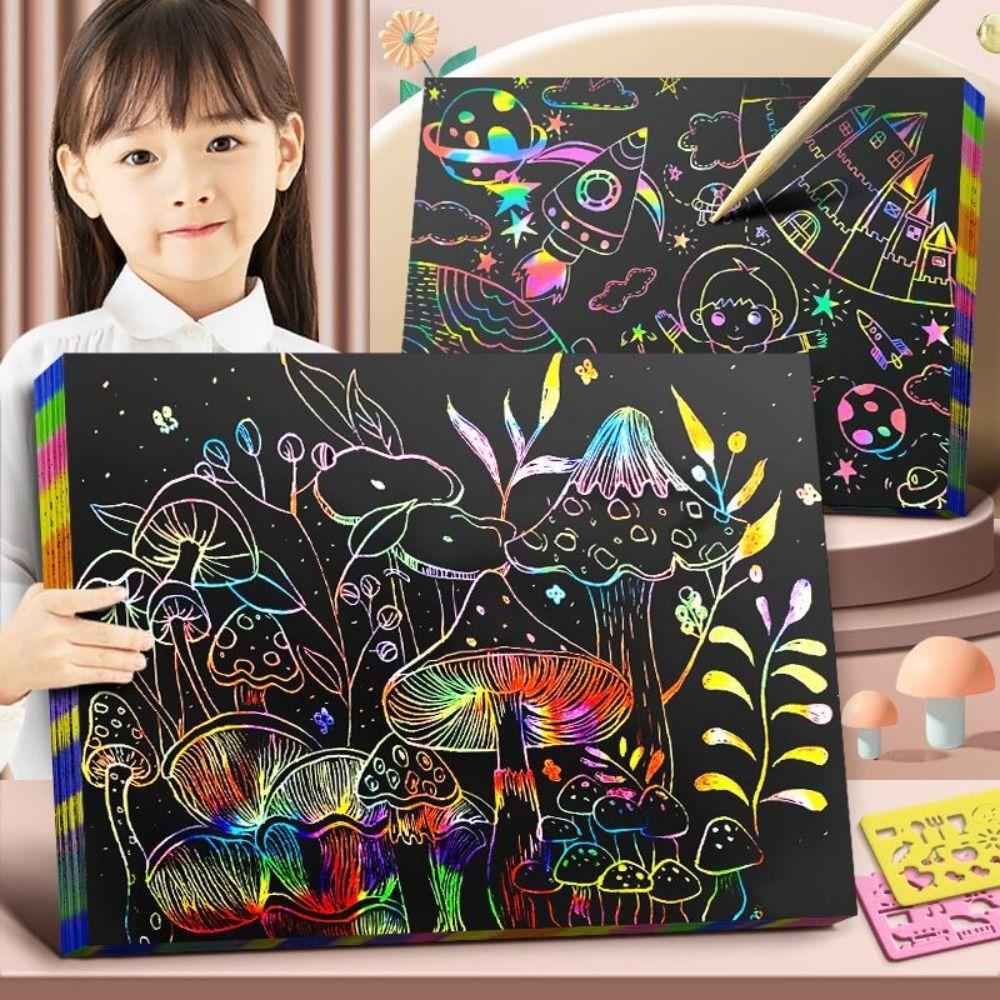 10PCS Rainbow Scratch Painting Toys DIY Night Scene Art Drawing Paper Scratch-off Paper Children