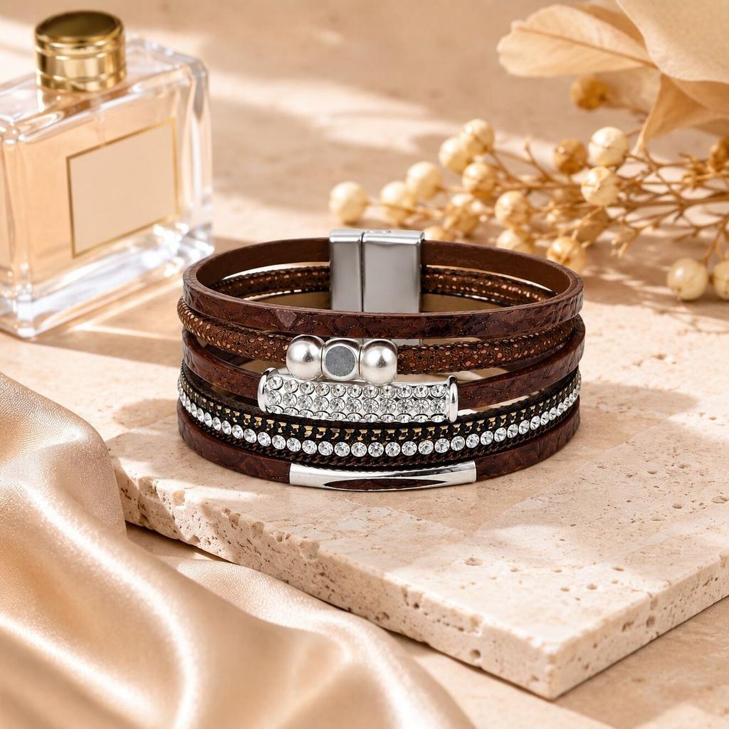 Bohemian Multi-Layer PU Leather Bracelet for Women, Simple Magnetic Clasp Rhinestone Vintage Brown Cuff Bangle