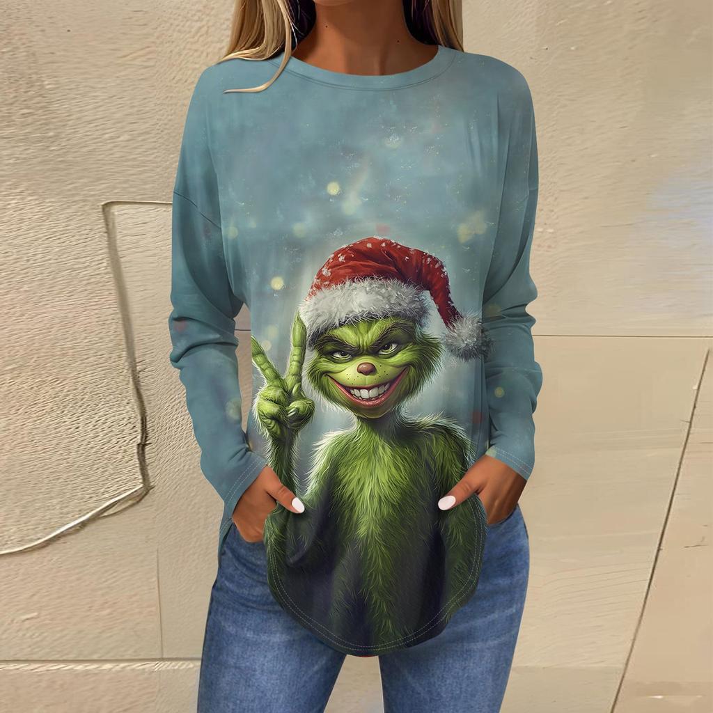 Women's Loose Round Neck Print Long Sleeve T-Shirt Top Pullover