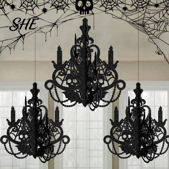 Matte Black Holiday Decor 3D Candlestick Chandelier Ceiling Ornament, Gothic Halloween Glitter Indoor Atmosphere Hanging Decoration for Party,
