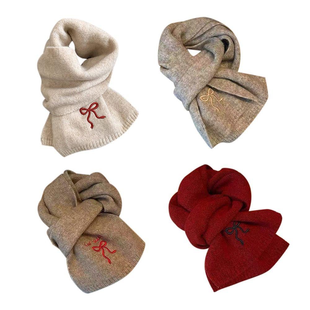 Bow Embroidered Neck Warmer Thicken Knitted Scarf Soft Shawl Outdoor