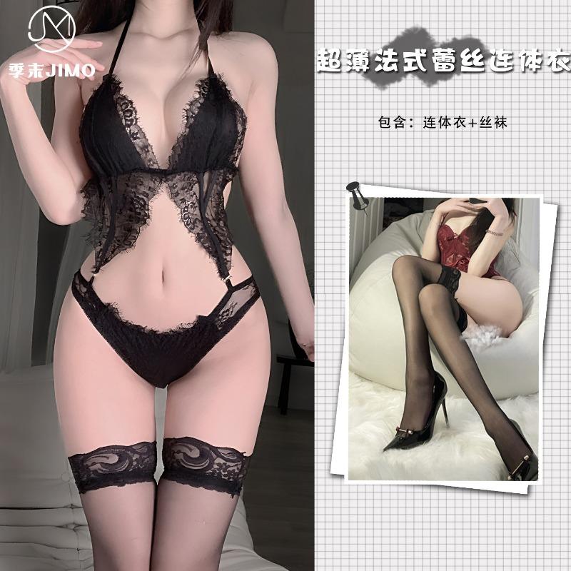 Erotic underwear confuses the heart, ultra-thin and empty lace jumpsuit bra set, hot temptation deep V