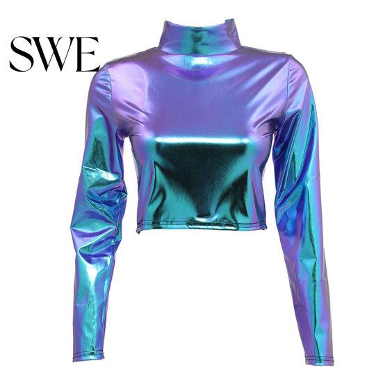 Stretchy Fabric Women Top Club Glossy Faux Leather Half-high Collar Solid Color Waist-exposed Long Slim Fit Sleeve Skinny Pullover Elastic Nightclub