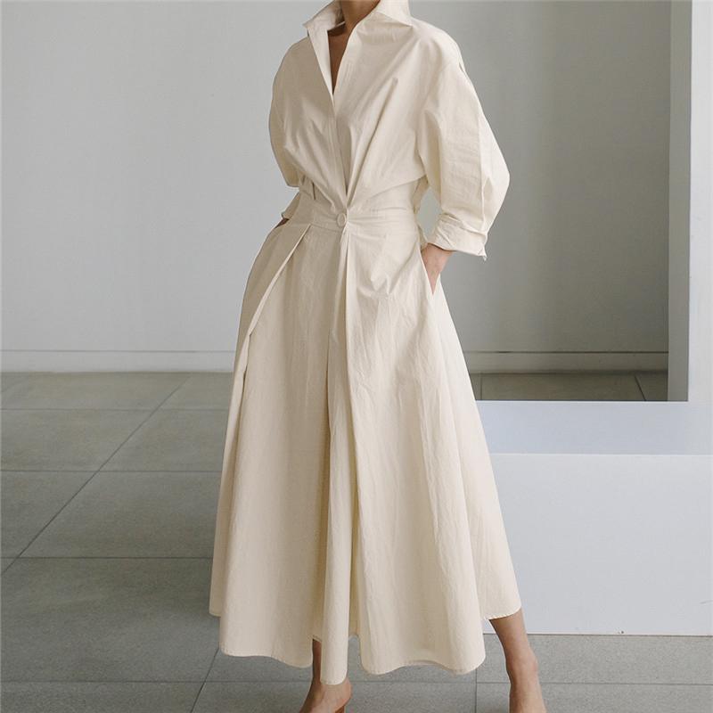 Женское повседневное свободное длинное платье с отложным воротником и длинным рукавом