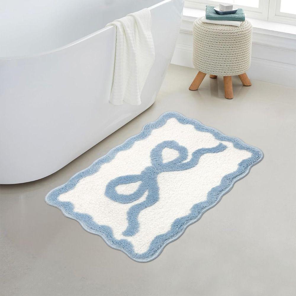 Pink Blue Preppy Scalloped Rug Bow Decor Girly Shower Rug for Bedroom Kitchen Bathroom Floor
