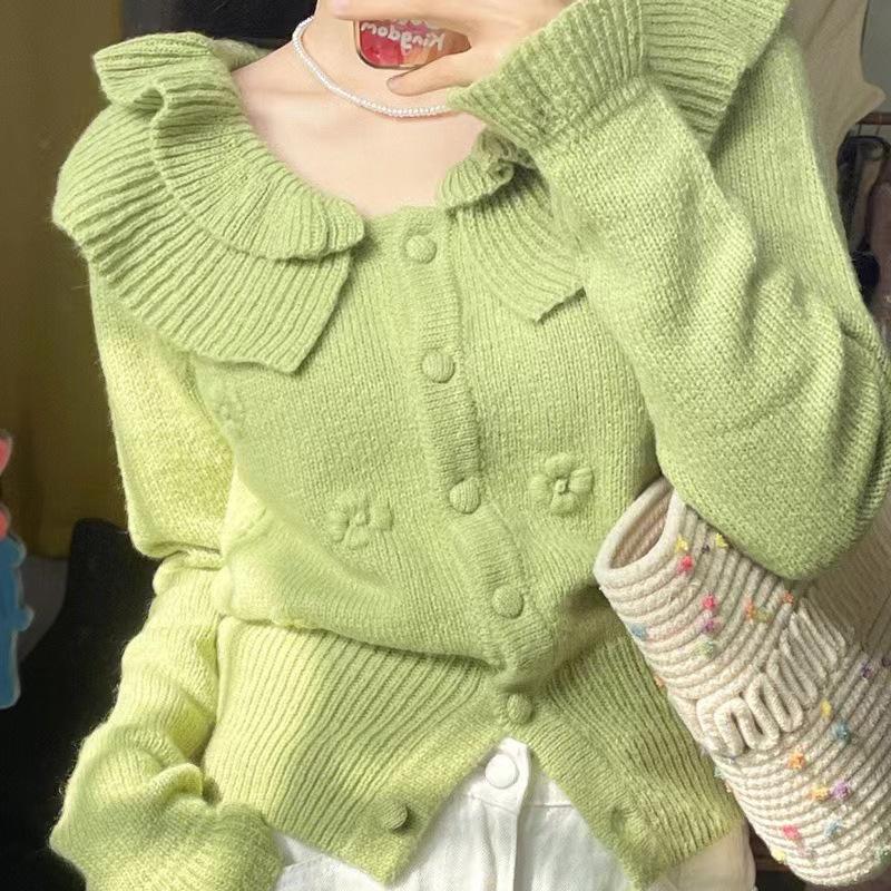 French Gentle Temperament Doll Collar Soft Waxy Sweater Female Fall Niche Chic Three-dimensional Flower Knitted Cardigan Coat