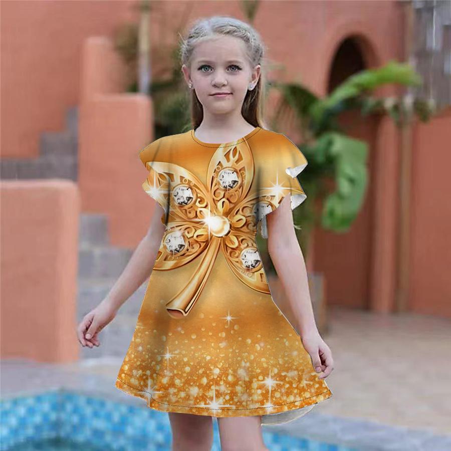 Girls Pearl Maple Leaf Print Dresses Kids Girl Party Dress Loose Fitting Loose Fitting Short Sleeved Skirt For Girls Over Four Years Old