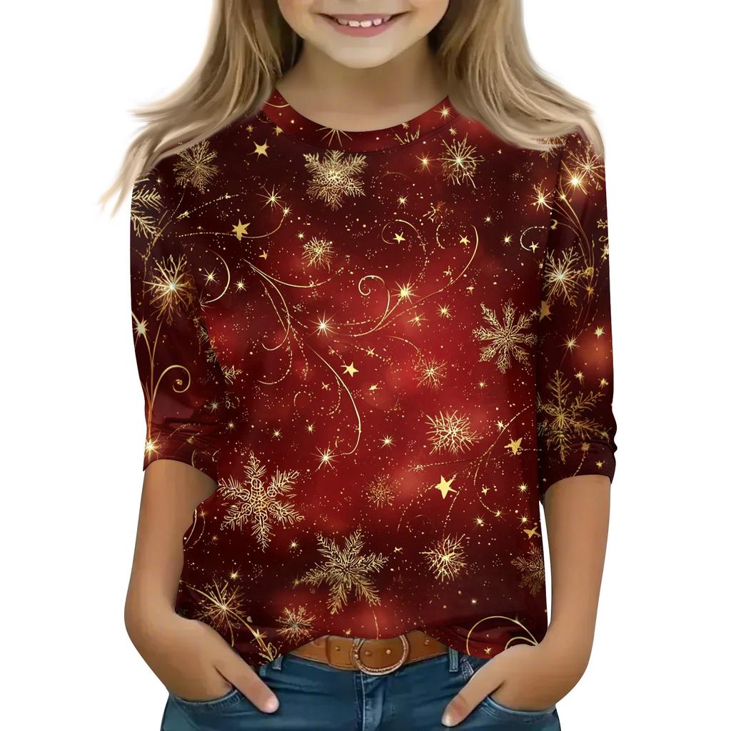 Children's 3/4 Sleeve Tops Casual Christmas Print T Shirt Round Neck Pullover Blouse