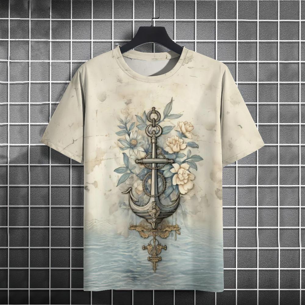 Мужская футболка в стиле ретро с 3d принтом «Якорь лодки» Футболки с короткими рукавами Топы с морским принтом Свободная футболка большого размера с коротким рукавом для мужчин