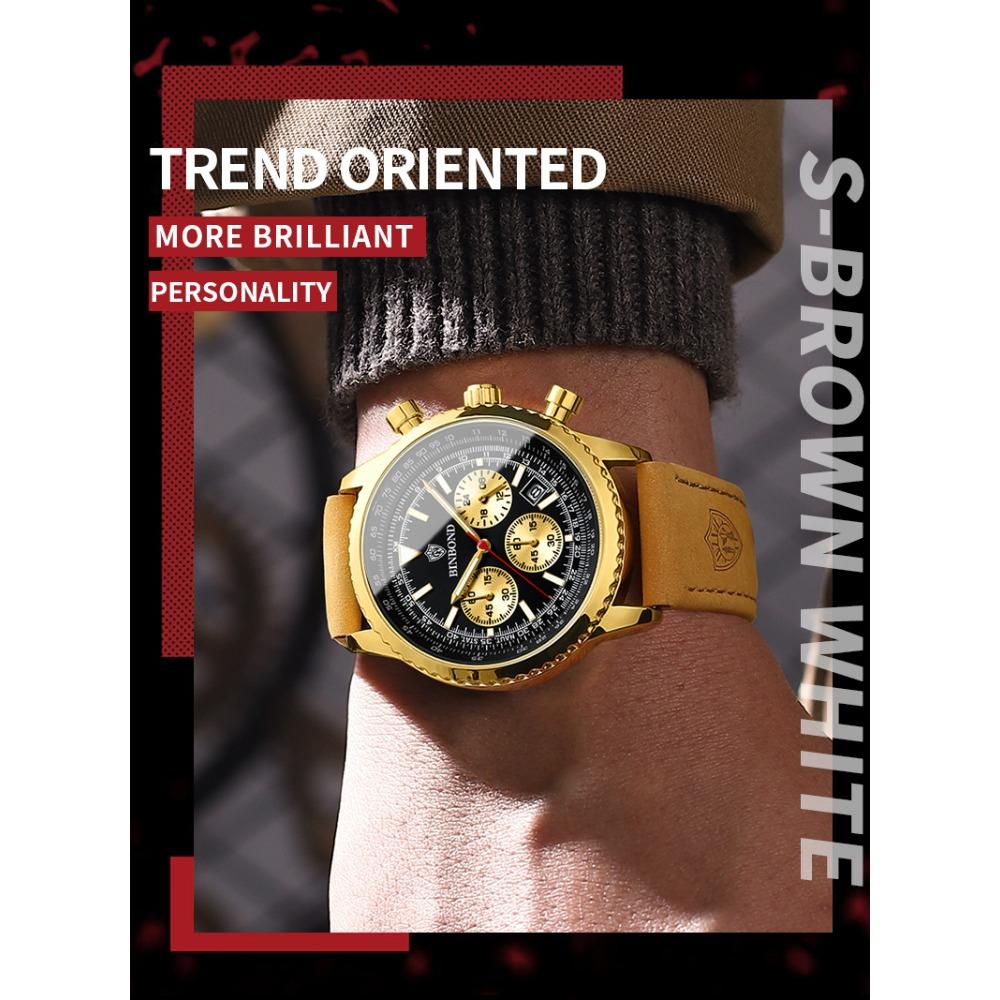 BINBOND Top Brand Man Quartz Watch Waterproof Luminous Date Chronograph Leather Wristwatch Military Sports Luxury Men's Watches